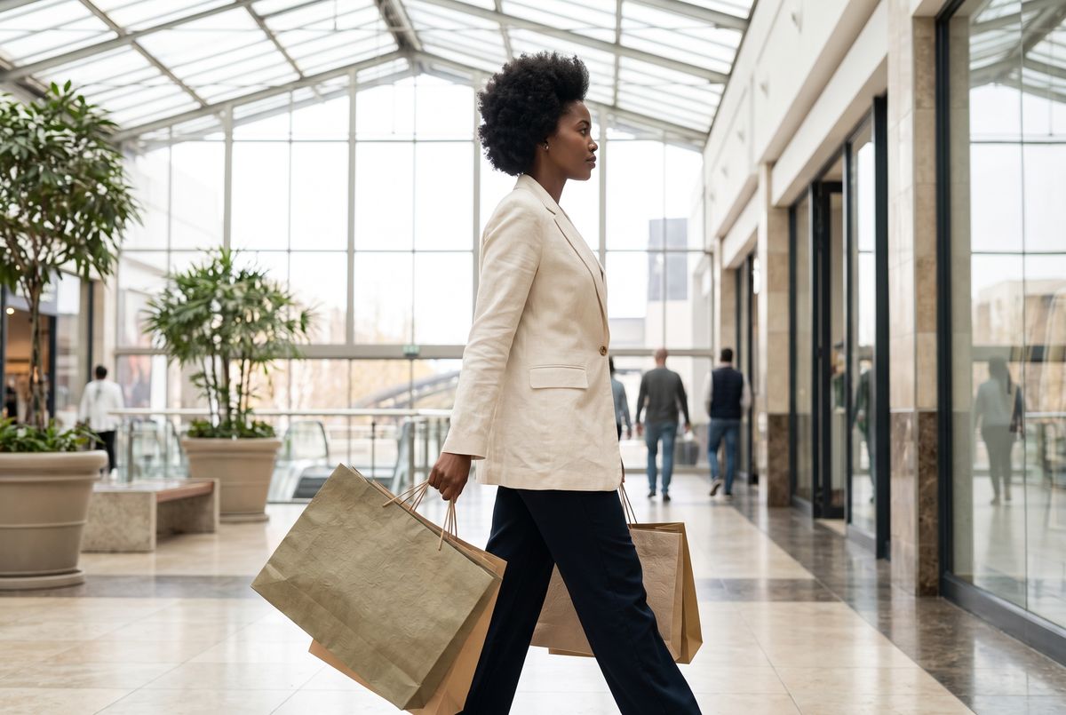 A personal shopper carrying luxury shopping bags through a mall